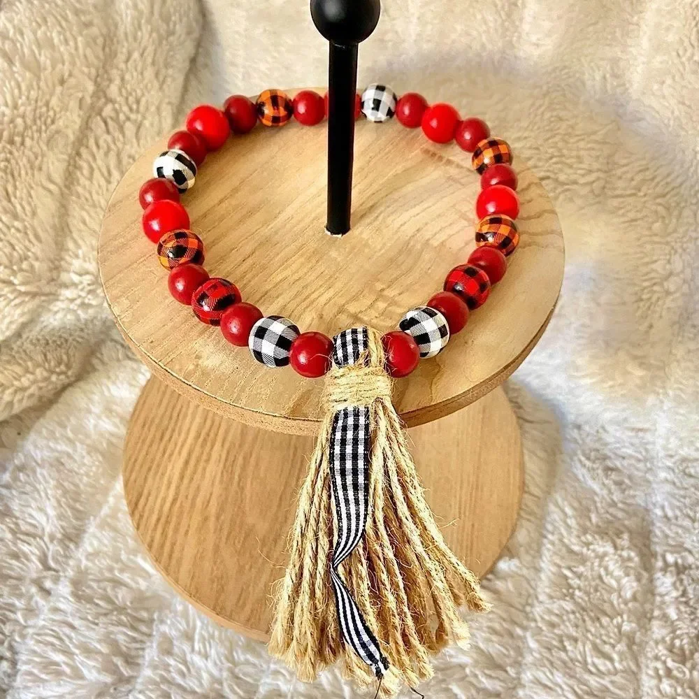 NEW Wood Bead Garland with Plaid Tassels